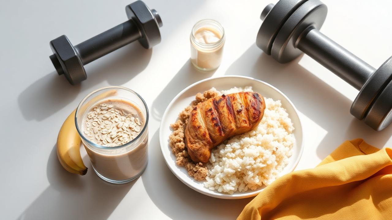 Refeição de pré e pós-treino: banana, aveia, shake de whey, arroz e frango grelhado ao lado de halteres
