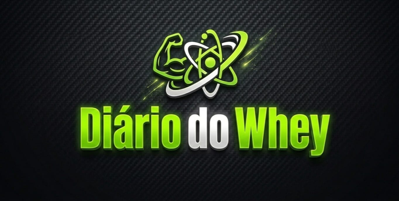 Logotipo oficial Diário do Whey: braço musculoso dentro de um símbolo atômico